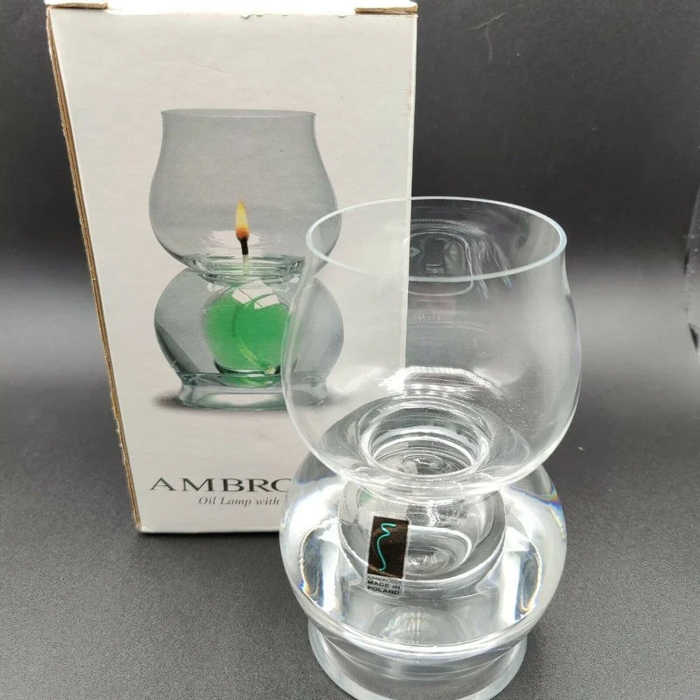 Original Ambrosia Hand Blown Crystal Glass Oil Lamp with Shade Made in Poland